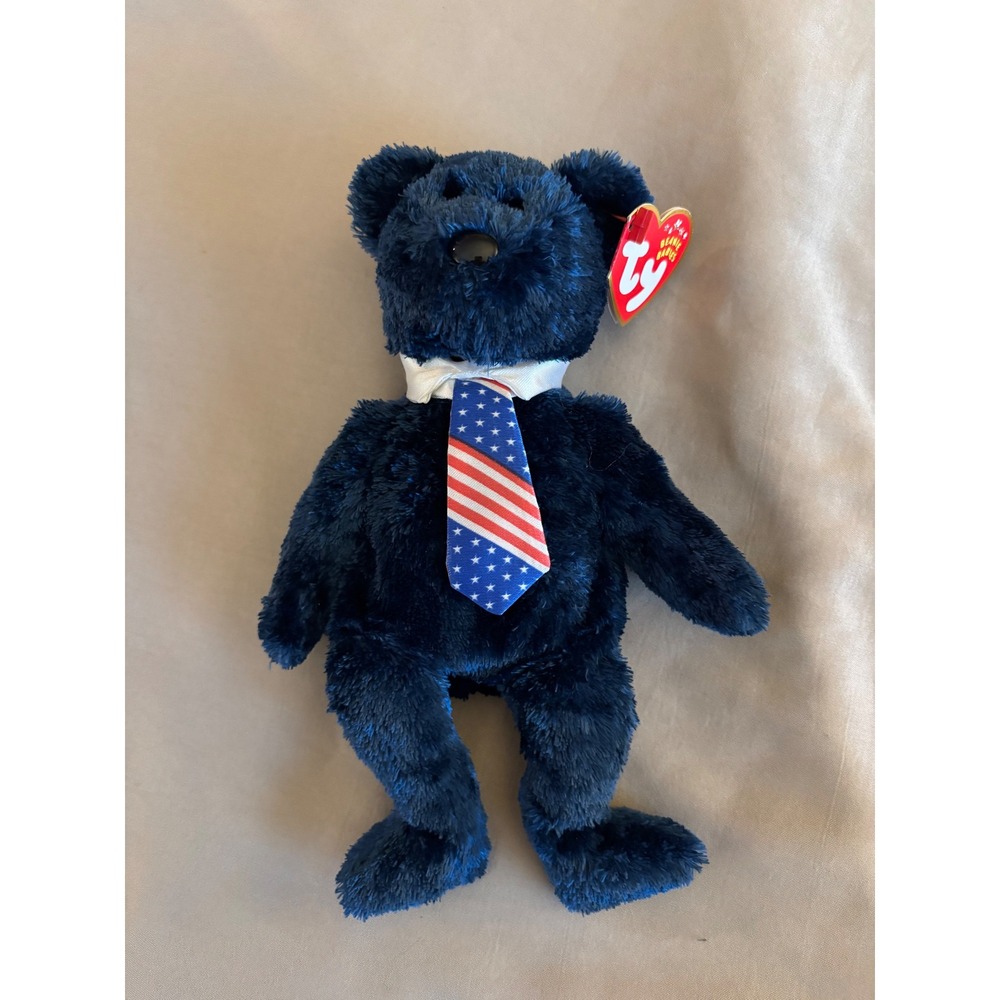 Ty Beanie Babies Pops the Bear Navy Blue Patriotic American Flag Tie Plush 2002